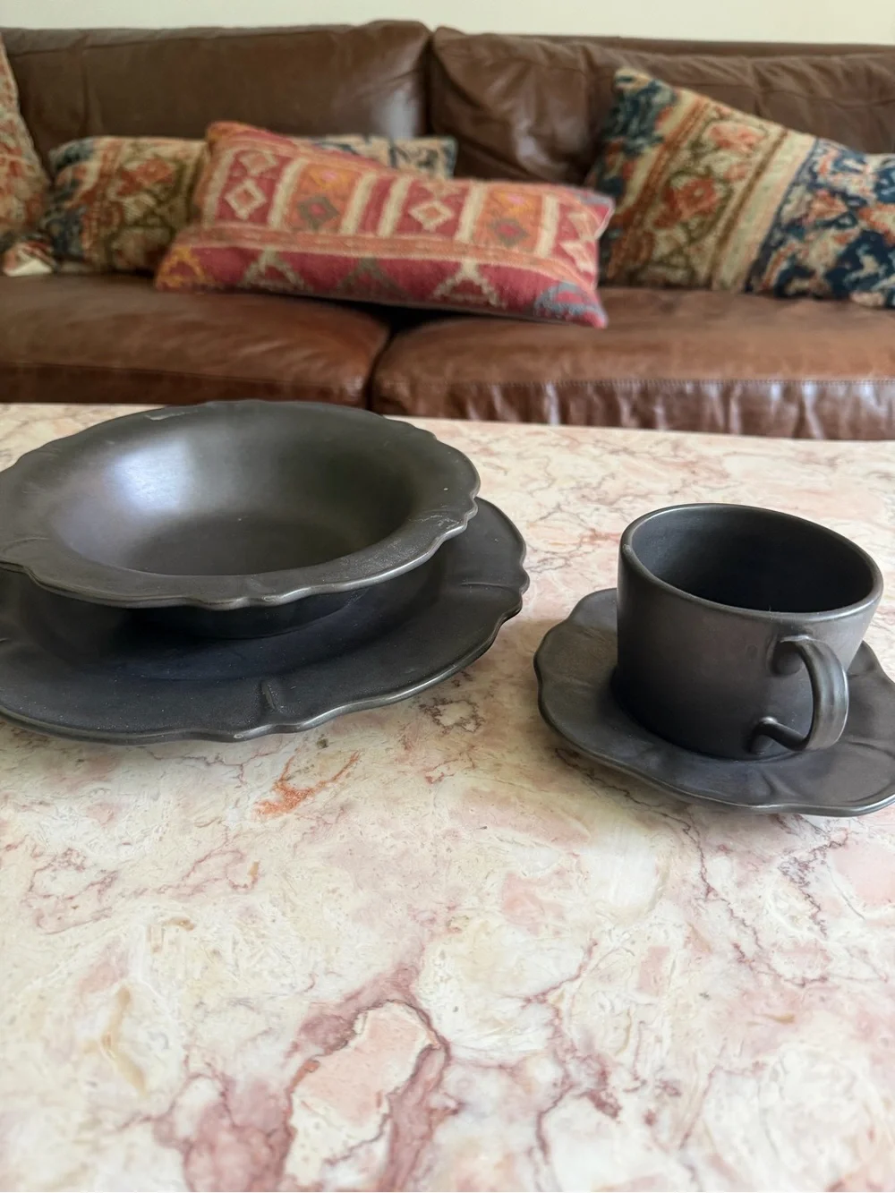 Anthropologie Matte Black Scalloped Ceramic Place Setting - 4 Piece